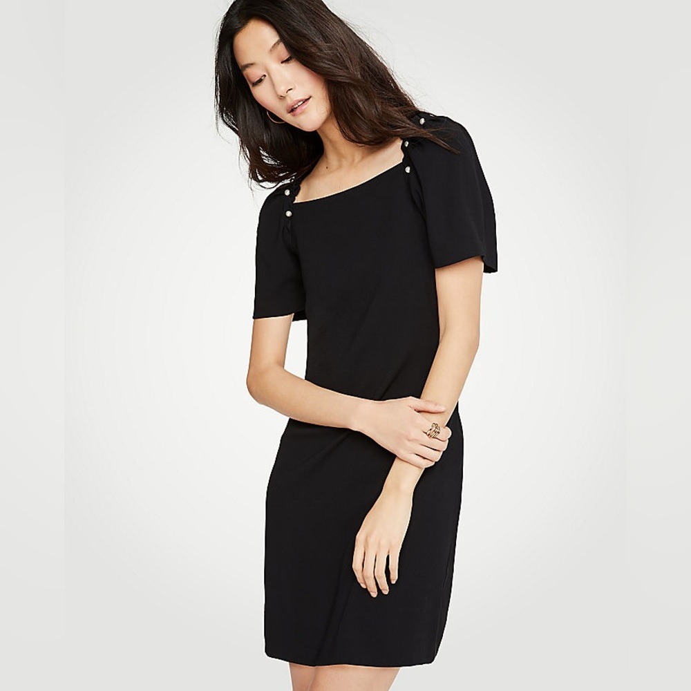Ann Taylor Pearl Accent Puff Sleeve Mini Dress in Black